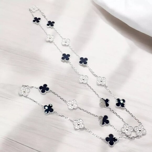 Van Cleef & Arpels 18k White Gold 20 Motif Alhambra Diamond Black Onyx Necklace - Picture 9 of 9